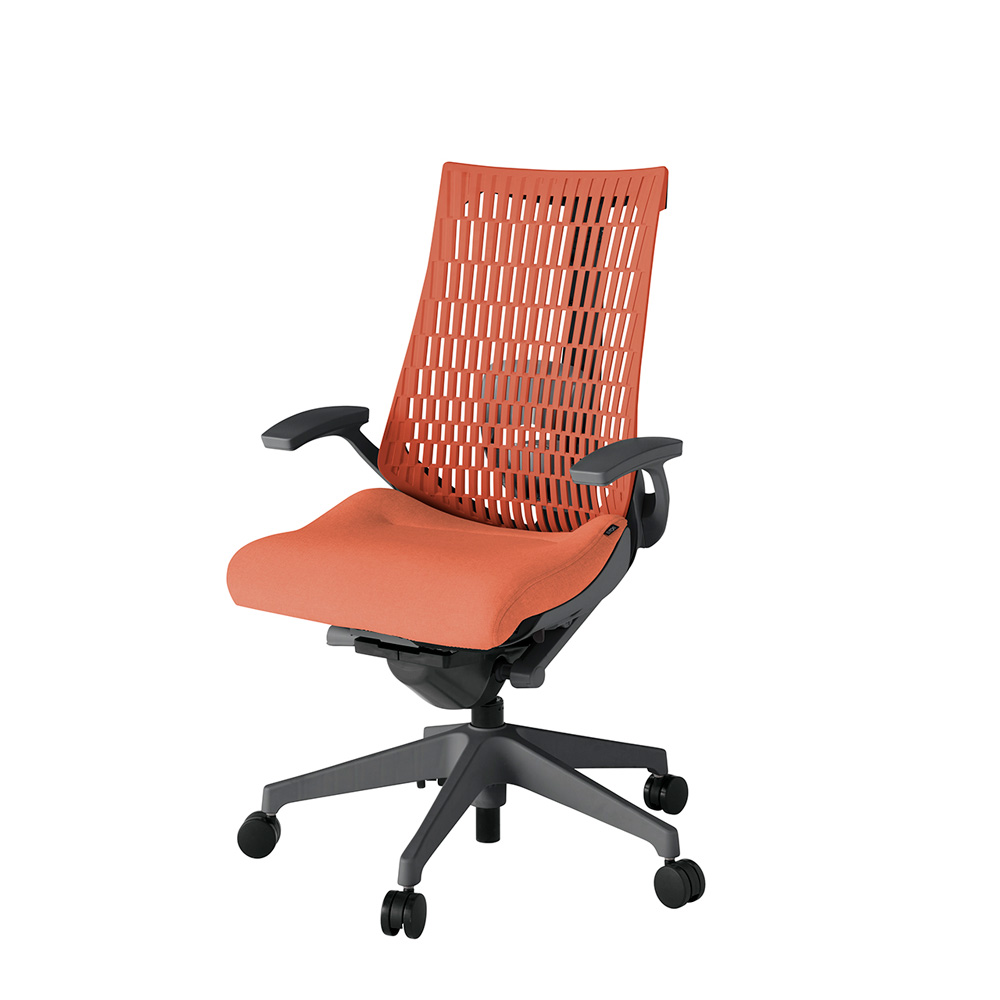 アクト2 KJ425SA-W2D4D4 エラストマバック テクスチャード ランバーサポート 固定肘 ナイロンキャスター[ ベースカラー: W2 張地カラー: D4D4 / パーシモオレンジ  ]