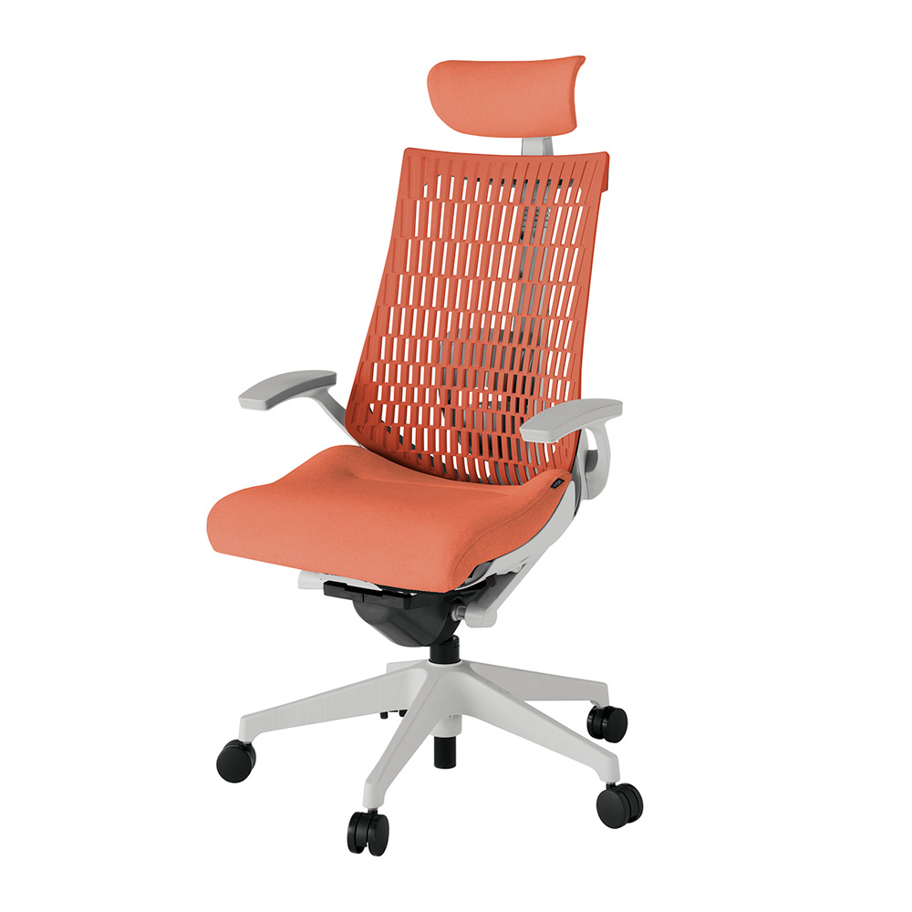 アクト2 KJ425SAEGND4D4 エラストマバック テクスチャード ランバーサポート 固定肘 ヘッドサポート ( クロス ) ナイロンキャスター [ ベースカラー: GN 張地カラー: D4D4 / パーシモオレンジ  ]