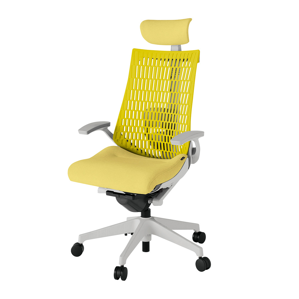 アクト2 KJ425SAEGNU6U5 エラストマバック テクスチャード ランバーサポート 固定肘 ヘッドサポート ( クロス ) ナイロンキャスター [ ベースカラー: GN 張地カラー: U6U5 / イエロー  ]