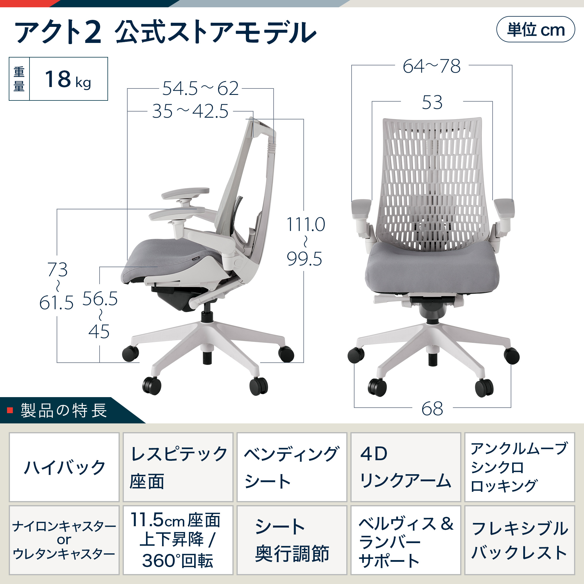 【 公式ストア限定モデル 】 アクト2 KJ427PV-GW6T6C エラストマバック 可動肘 ナイロンキャスター [ベースカラーGN / ライトグレーG ・張地カラー W6 / ライトグレーW ]