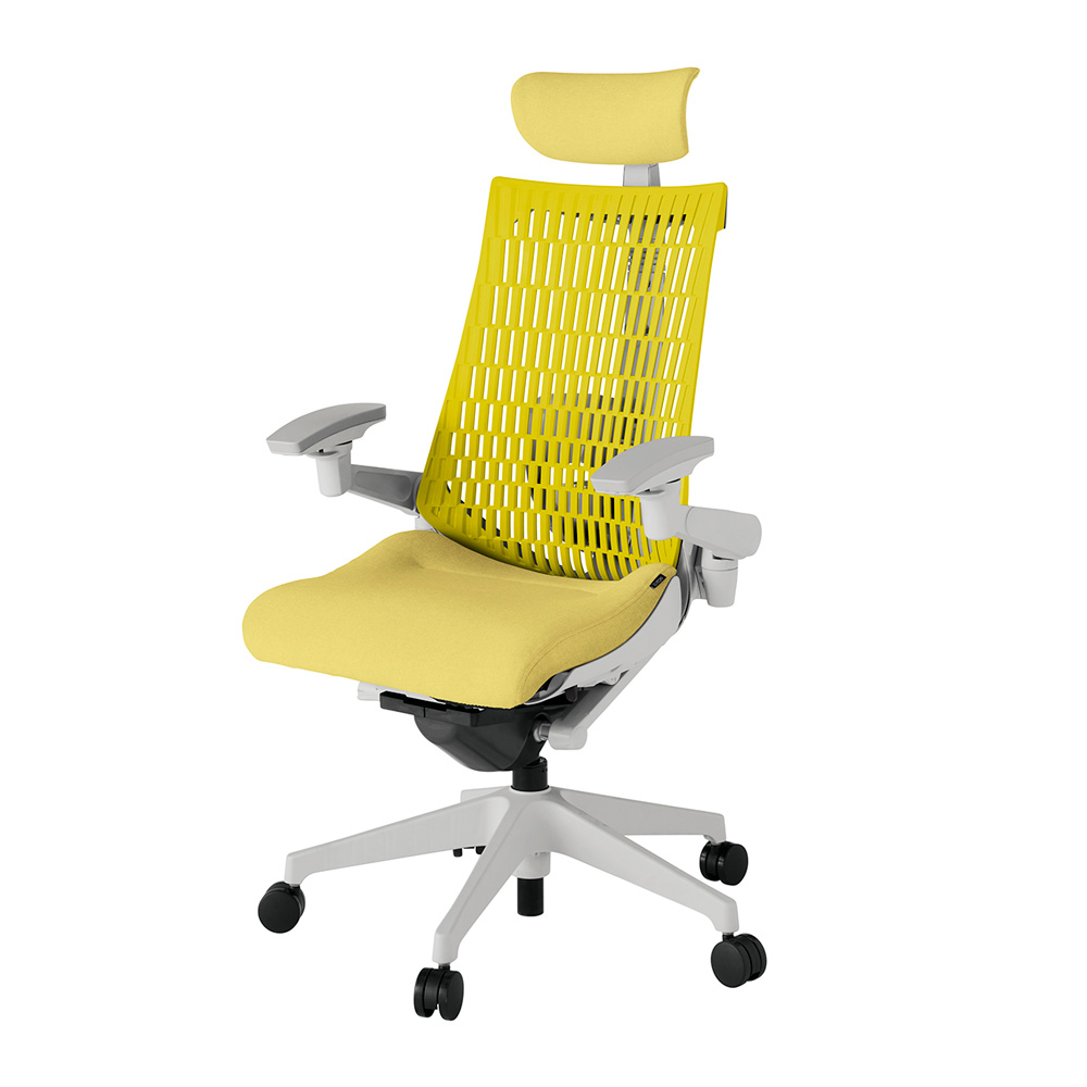 アクト2 KJ427SAEMGNU6U5 エラストマバック テクスチャード ランバーサポート 可動肘 ヘッドサポート ( クロス ) ウレタンキャスター [ ベースカラー: GN 張地カラー: U6U5 / イエロー  ]