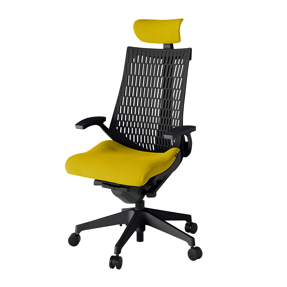 アクト2 KJ445PSET1U5T1 エラストマバック プレーン 固定肘 ヘッドサポート ( クロス ) ナイロンキャスター[ ベースカラー: T1 張地カラー: U5 / ストロングイエロー  ]