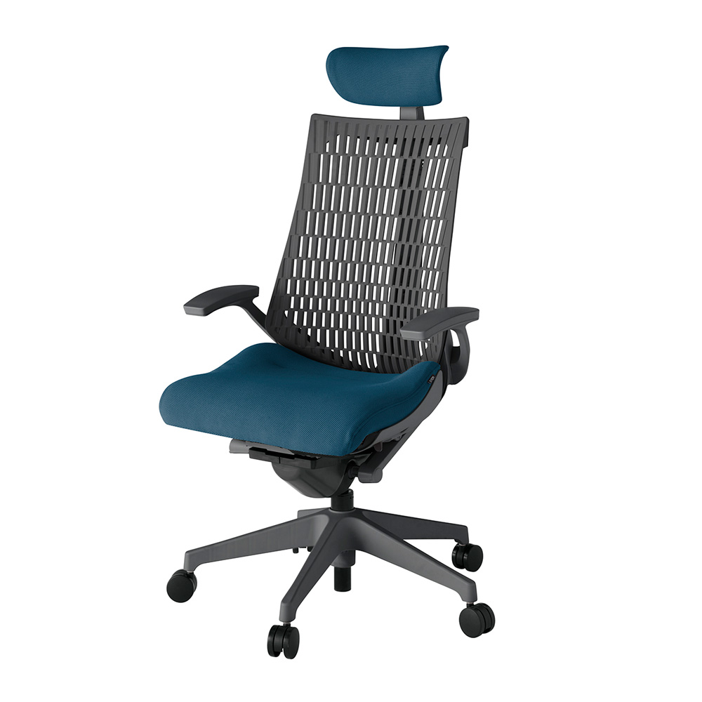 アクト2 KJ445PSEW2N3W2 エラストマバック プレーン 固定肘 ヘッドサポート ( クロス ) ナイロンキャスター[ ベースカラー: W2 張地カラー: N3 / ライトインディゴ  ]