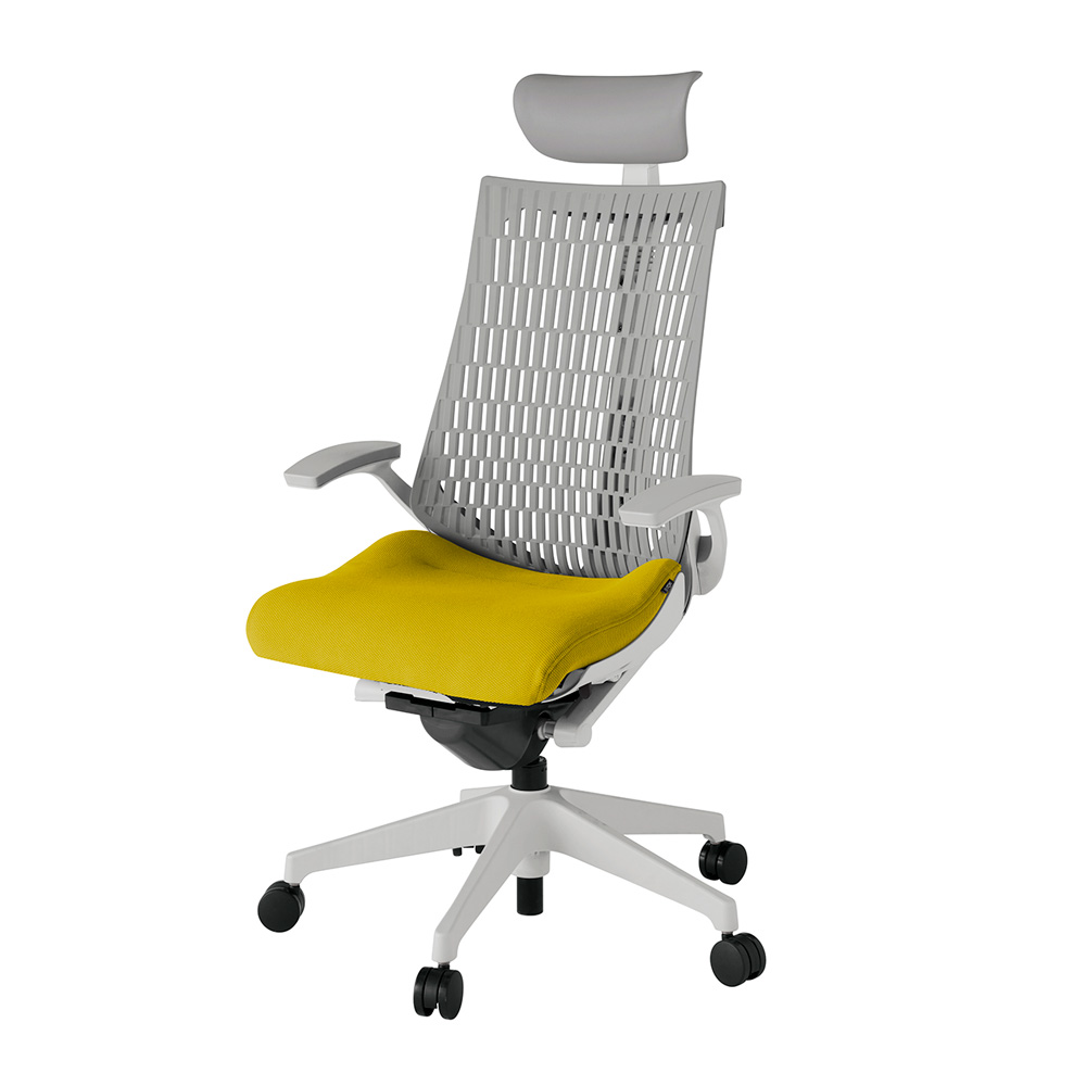 アクト2 KJ445PSFGNU5T6 エラストマバック プレーン 固定肘 ヘッドサポート ( ビニール ) ナイロンキャスター[ ベースカラー: GN 張地カラー: U5 / ストロングイエロー  ]