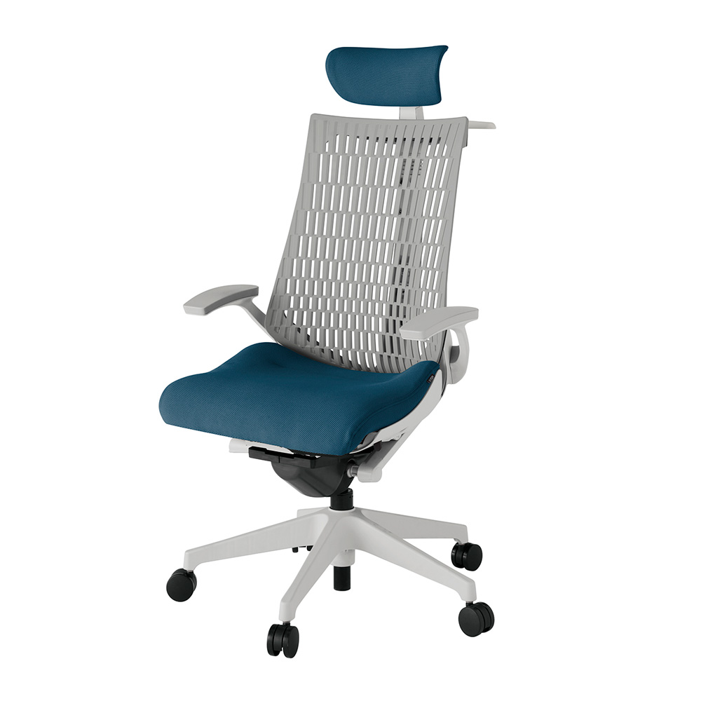 アクト2 KJ445PSXGNN3T6 エラストマバック プレーン 固定肘 ヘッドサポート ( クロス ) ハンガー ナイロンキャスター[ ベースカラー: GN 張地カラー: N3 / ライトインディゴ  ]