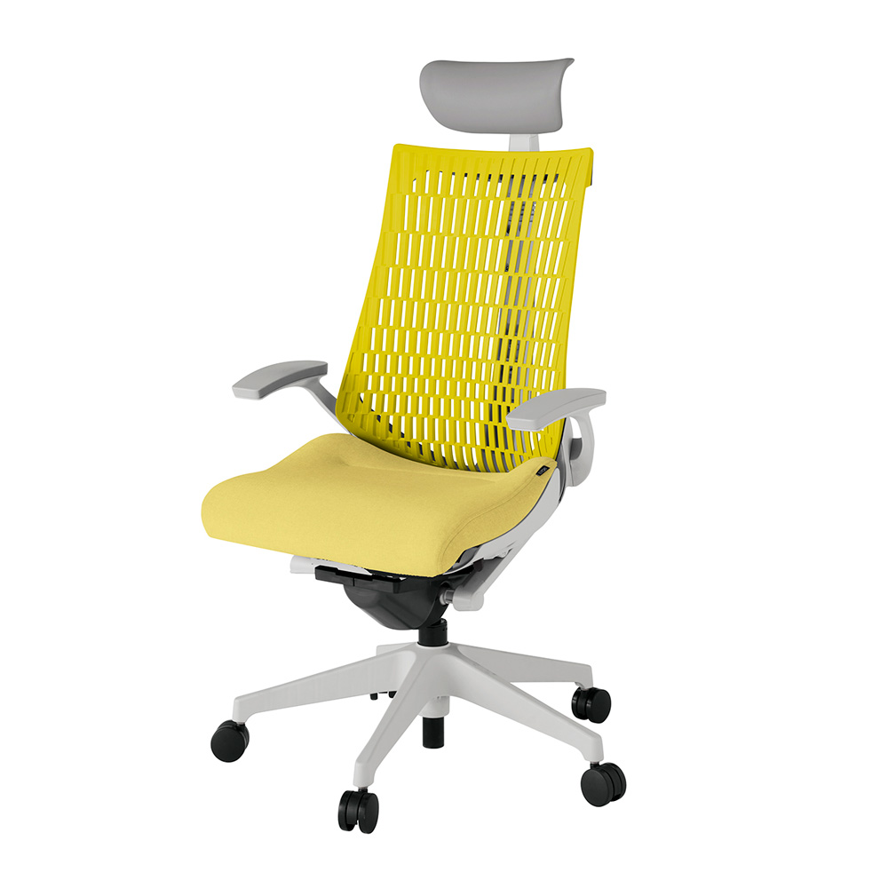 アクト2 KJ445SAFGNU6U5 エラストマバック テクスチャード 固定肘 ヘッドサポート ( ビニール ) ナイロンキャスター[ ベースカラー: GN 張地カラー: U6U5 / イエロー  ]