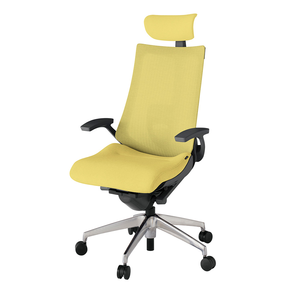 アクト2 KJ-455JEE-ZDU6 メッシュバック テクスチャード ランバーサポート 固定肘 ヘッドサポート ( クロス ) ナイロンキャスター[ ベースカラー: ZD 張地カラー: U6 / カナリアイエロー  ]