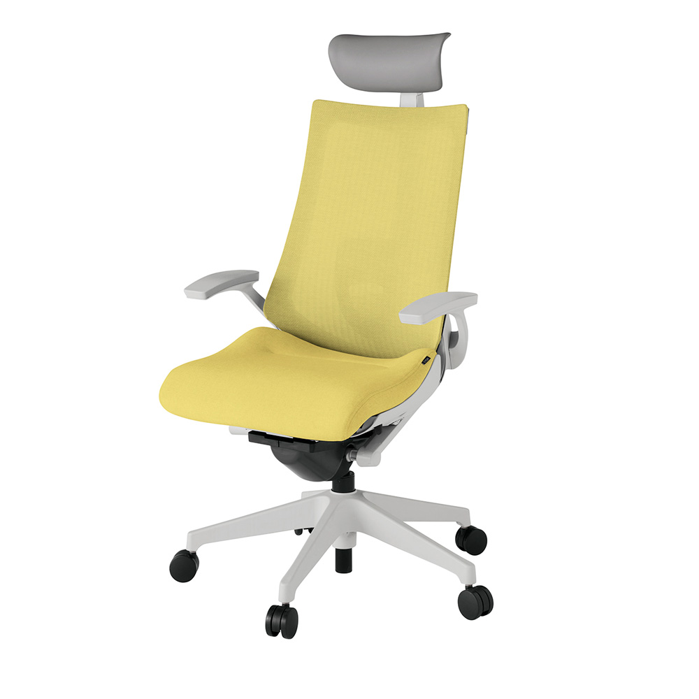 アクト2 KJ-455JEF-GNU6 メッシュバック テクスチャード ランバーサポート 固定肘 ヘッドサポート ( ビニール ) ナイロンキャスター[ ベースカラー: GN 張地カラー: U6 / カナリアイエロー  ]