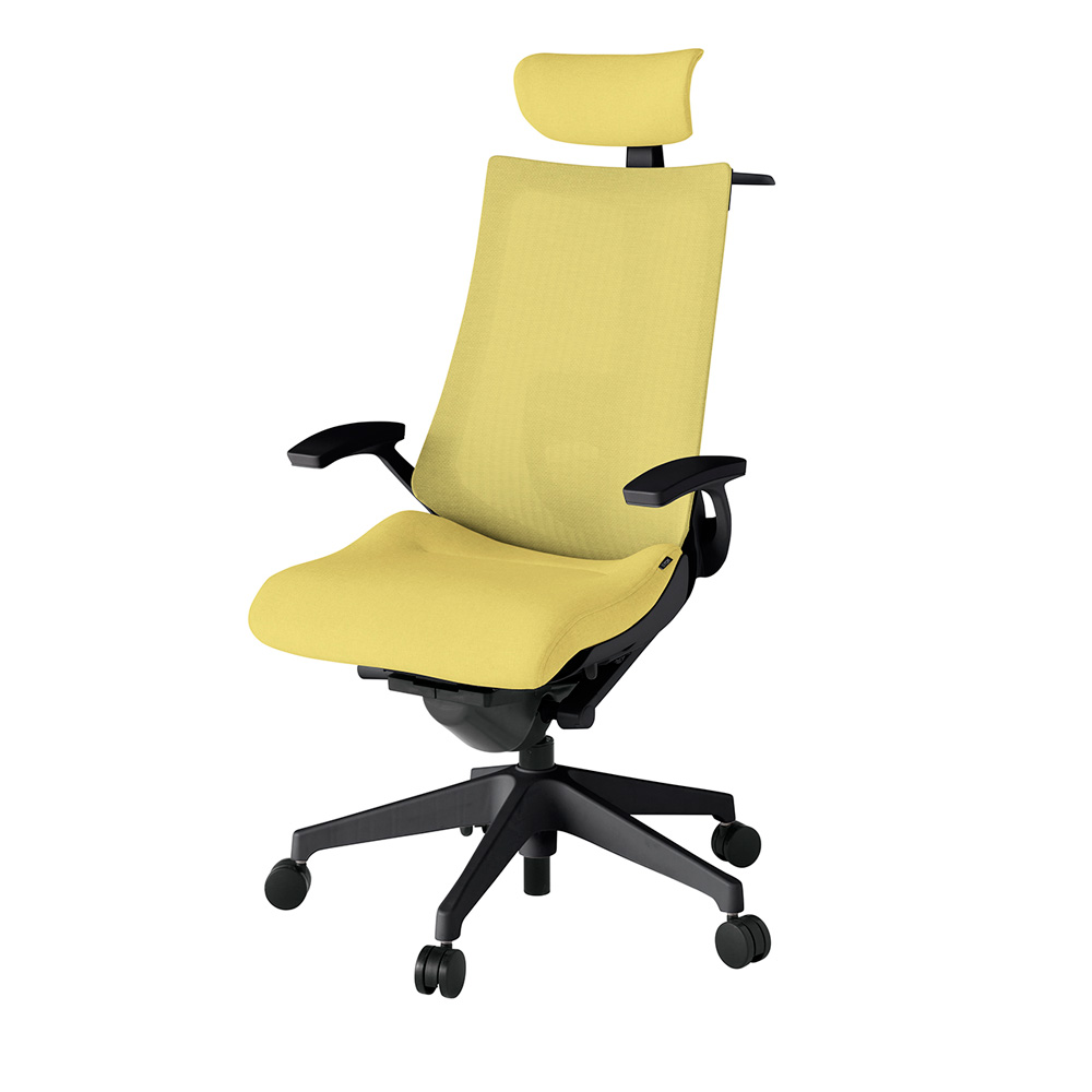 アクト2 KJ-455JEX-T1U6 メッシュバック テクスチャード ランバーサポート 固定肘 ヘッドサポート ( クロス ) ハンガー ナイロンキャスター[ ベースカラー: T1 張地カラー: U6 / カナリアイエロー  ]