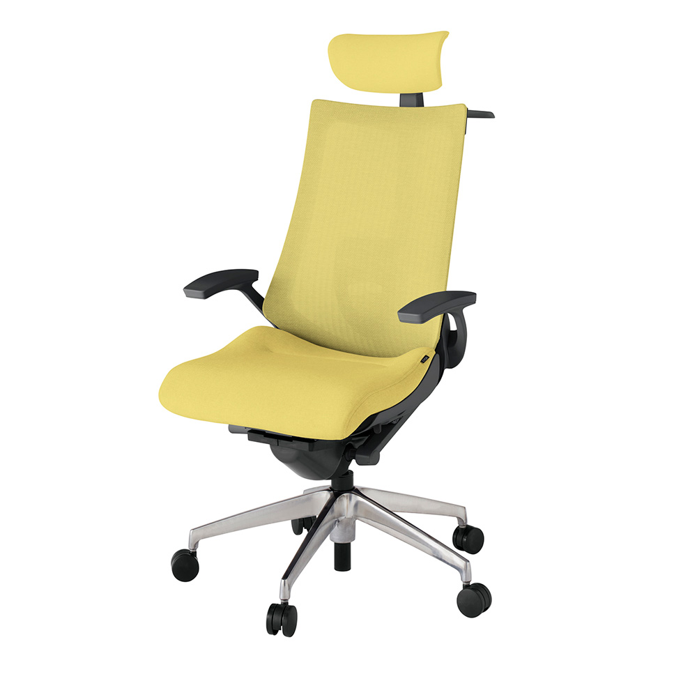 アクト2 KJ-455JEX-ZDU6 メッシュバック テクスチャード ランバーサポート 固定肘 ヘッドサポート ( クロス ) ハンガー ナイロンキャスター[ ベースカラー: ZD 張地カラー: U6 / カナリアイエロー  ]