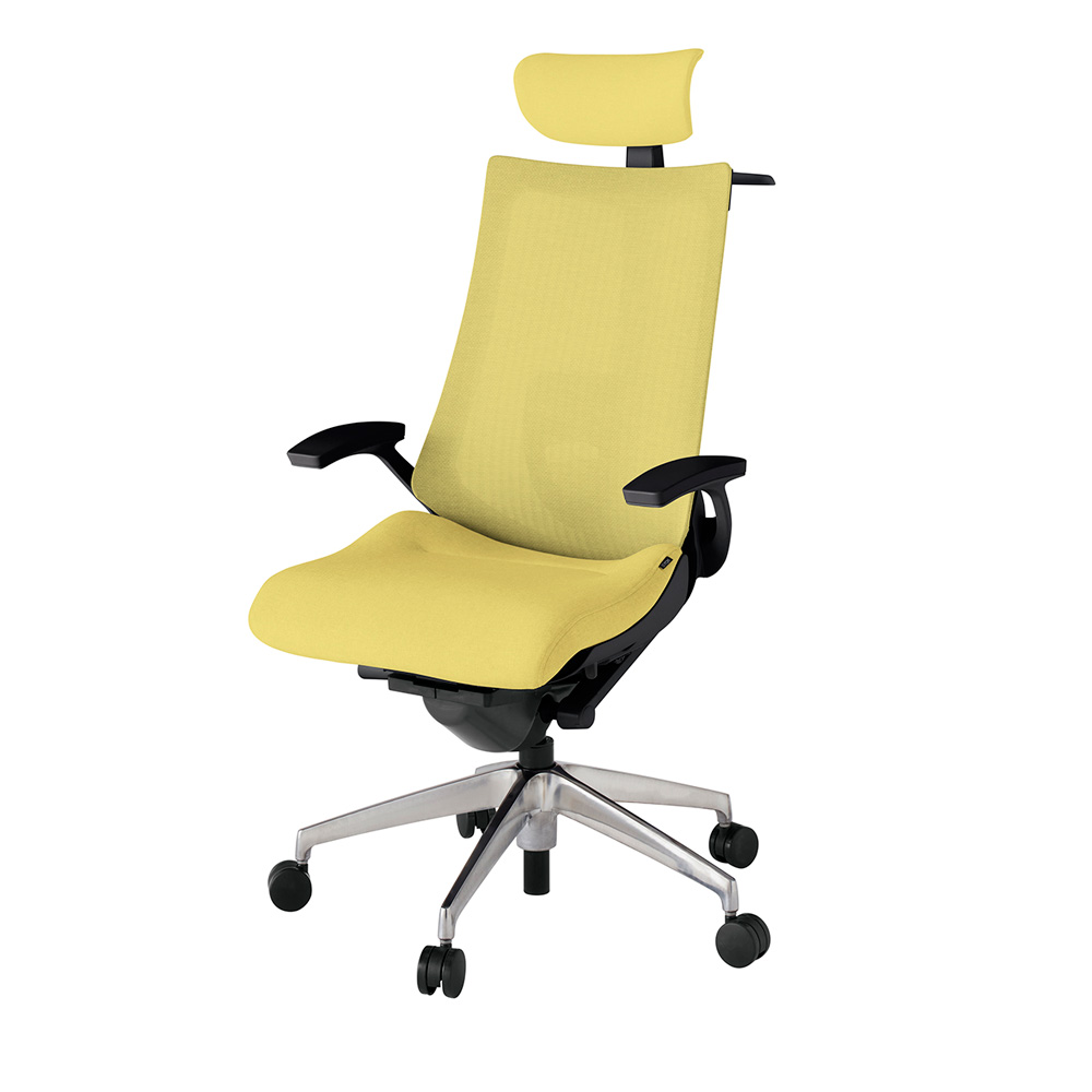 アクト2 KJ-455JEX-ZTU6 メッシュバック テクスチャード ランバーサポート 固定肘 ヘッドサポート ( クロス ) ハンガー ナイロンキャスター[ ベースカラー: ZT 張地カラー: U6 / カナリアイエロー  ]