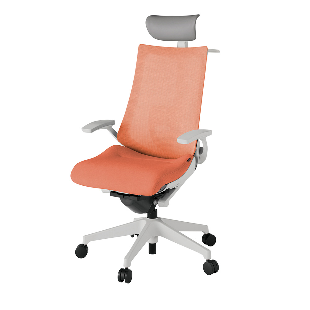 アクト2 KJ-455JEY-GND4 メッシュバック テクスチャード ランバーサポート 固定肘 ヘッドサポート ( ビニール ) ハンガー ナイロンキャスター[ ベースカラー: GN 張地カラー: D4 / パーシモオレンジ  ]