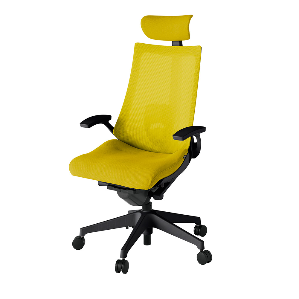 アクト2 KJ-455JVE-T1U5 メッシュバック プレーン ランバーサポート 固定肘 ヘッドサポート ( クロス ) ナイロンキャスター[ ベースカラー: T1 張地カラー: U5 / ストロングイエロー  ]