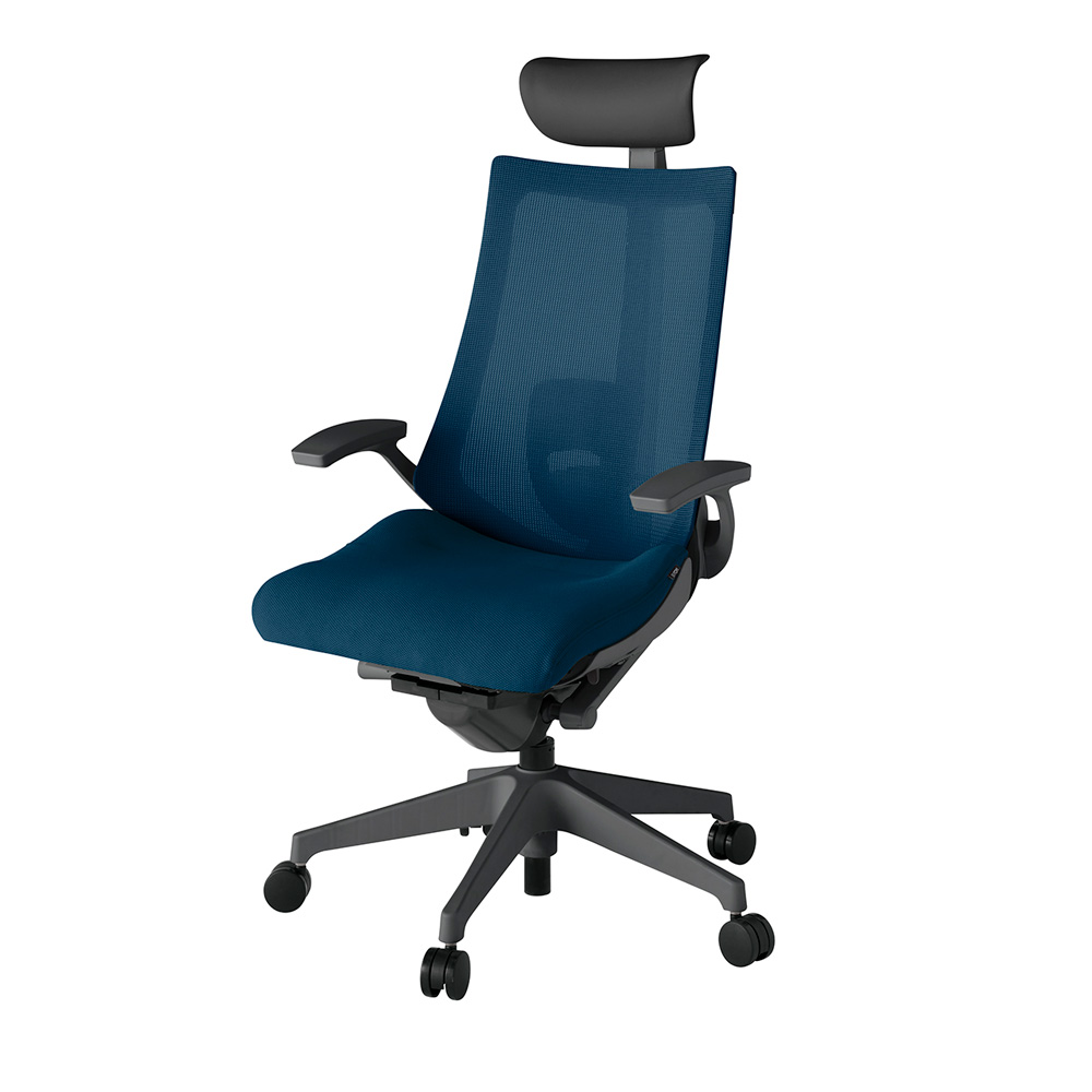 アクト2 KJ-455JVF-W2B2 メッシュバック プレーン ランバーサポート 固定肘 ヘッドサポート ( ビニール ) ナイロンキャスター[ ベースカラー: W2 張地カラー: B2 / ネイビーブルー  ]