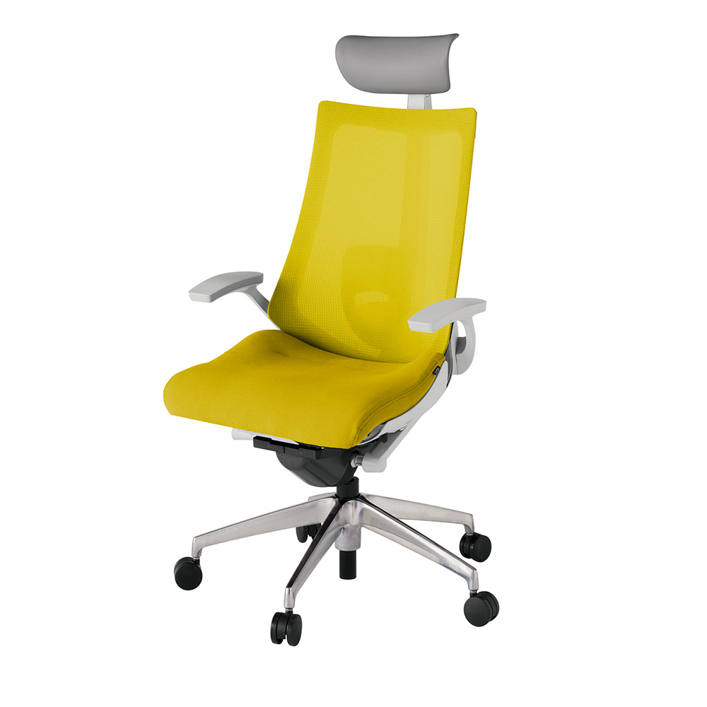 アクト2 KJ-455JVF-ZNU5 メッシュバック プレーン ランバーサポート 固定肘 ヘッドサポート ( ビニール ) ナイロンキャスター[ ベースカラー: ZN 張地カラー: U5 / ストロングイエロー  ]