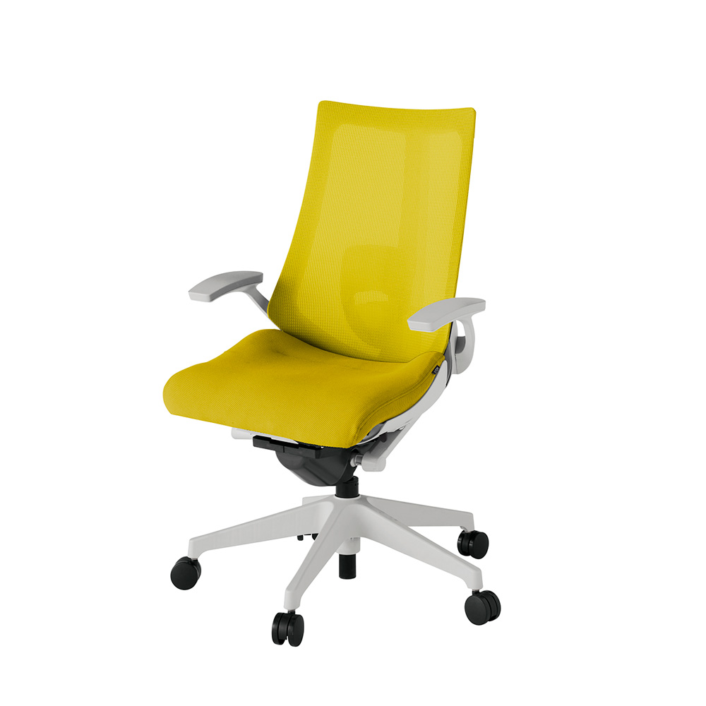 アクト2 KJ-455JV-GNU5 メッシュバック プレーン ランバーサポート 固定肘 ナイロンキャスター[ ベースカラー: GN 張地カラー: U5 / ストロングイエロー  ]