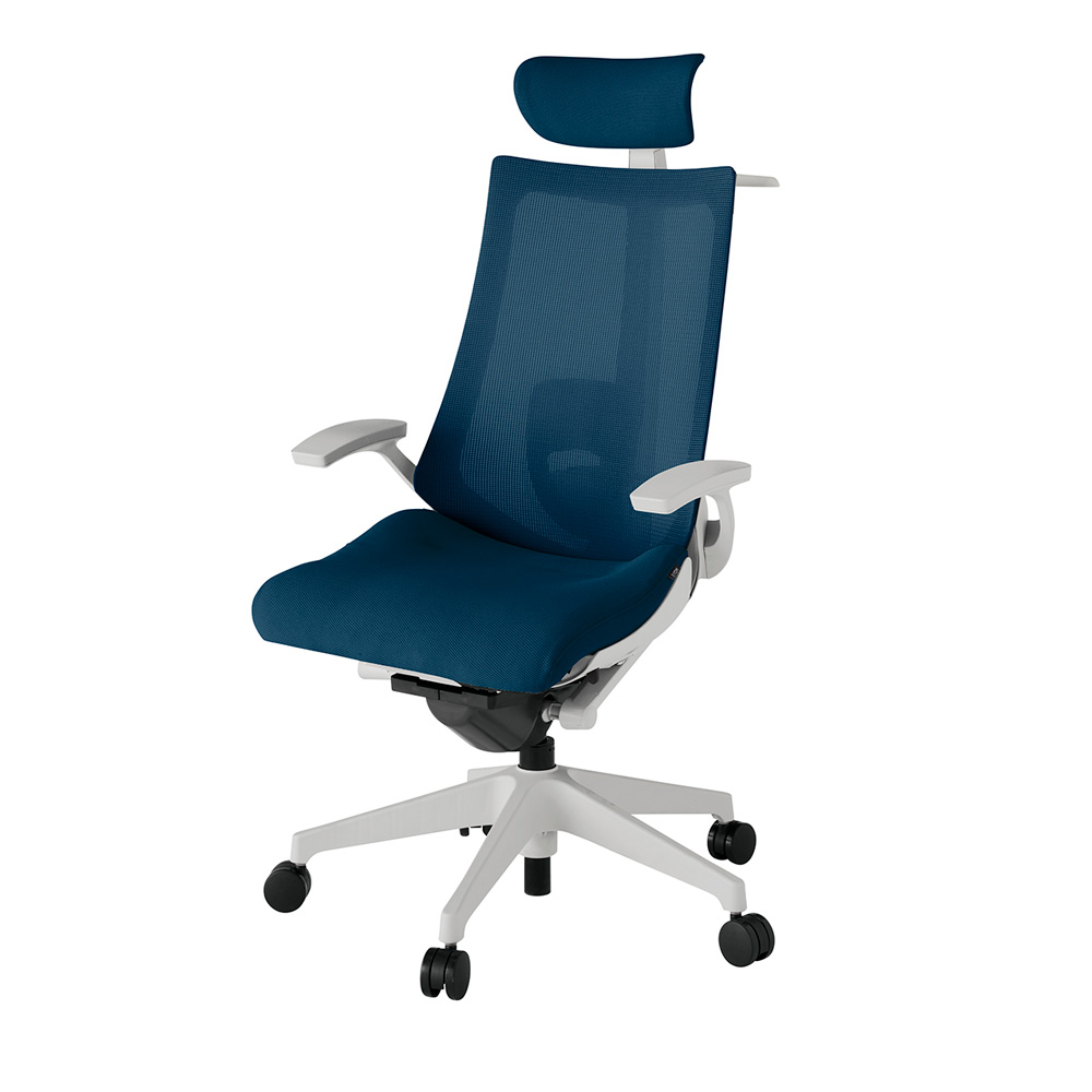 アクト2 KJ-455JVX-GNB2 メッシュバック プレーン ランバーサポート 固定肘 ヘッドサポート ( クロス ) ハンガー ナイロンキャスター[ ベースカラー: GN 張地カラー: B2 / ネイビーブルー  ]