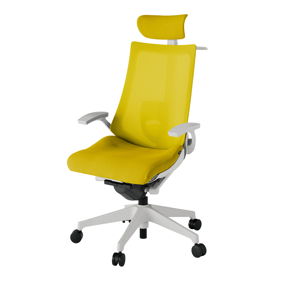 アクト2 KJ-455JVX-GNU5 メッシュバック プレーン ランバーサポート 固定肘 ヘッドサポート ( クロス ) ハンガー ナイロンキャスター[ ベースカラー: GN 張地カラー: U5 / ストロングイエロー  ]