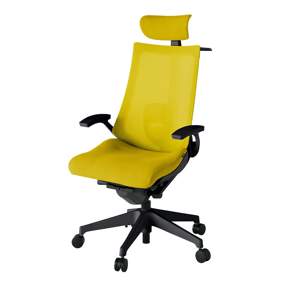 アクト2 KJ-455JVX-T1U5 メッシュバック プレーン ランバーサポート 固定肘 ヘッドサポート ( クロス ) ハンガー ナイロンキャスター[ ベースカラー: T1 張地カラー: U5 / ストロングイエロー  ]