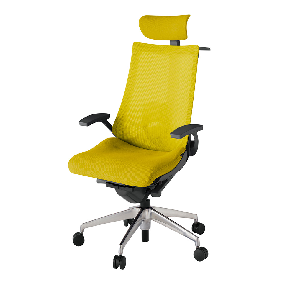 アクト2 KJ-455JVX-ZDU5 メッシュバック プレーン ランバーサポート 固定肘 ヘッドサポート ( クロス ) ハンガー ナイロンキャスター[ ベースカラー: ZD 張地カラー: U5 / ストロングイエロー  ]