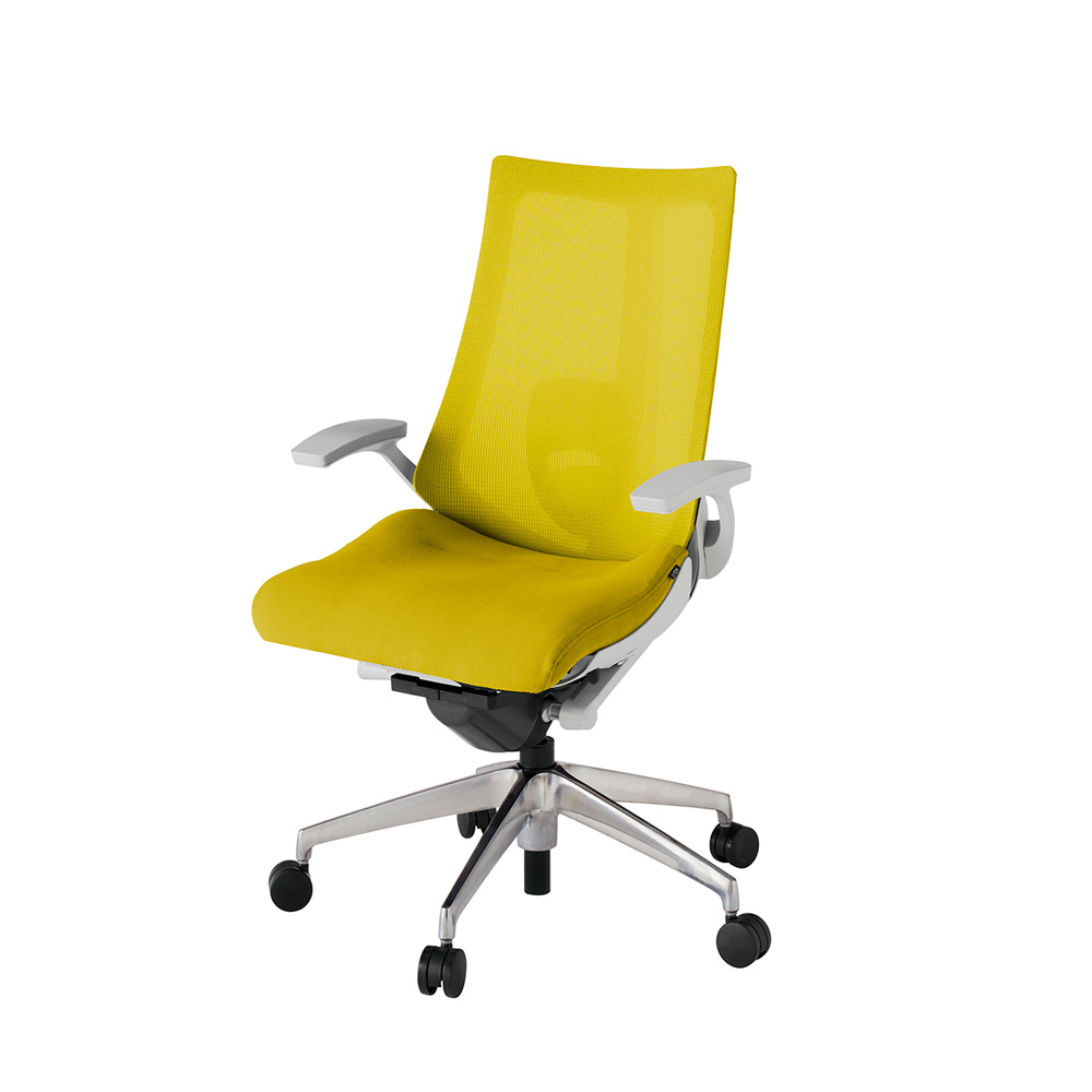 アクト2 KJ-455JV-ZNU5 メッシュバック プレーン ランバーサポート 固定肘 ナイロンキャスター[ ベースカラー: ZN 張地カラー: U5 / ストロングイエロー  ]