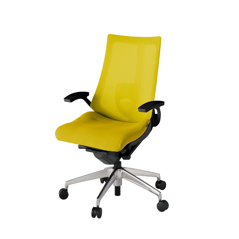 アクト2 KJ-455JV-ZTU5 メッシュバック プレーン ランバーサポート 固定肘 ナイロンキャスター[ ベースカラー: ZT 張地カラー: U5 / ストロングイエロー  ]