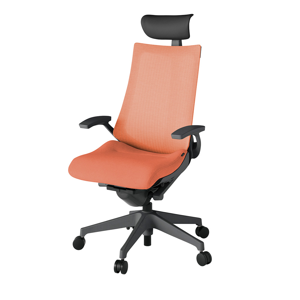 アクト2 KJ-475JEF-W2D4 メッシュバック テクスチャード 固定肘 ヘッドサポート ( ビニール ) ナイロンキャスター[ ベースカラー: W2 張地カラー: D4 / パーシモオレンジ  ]