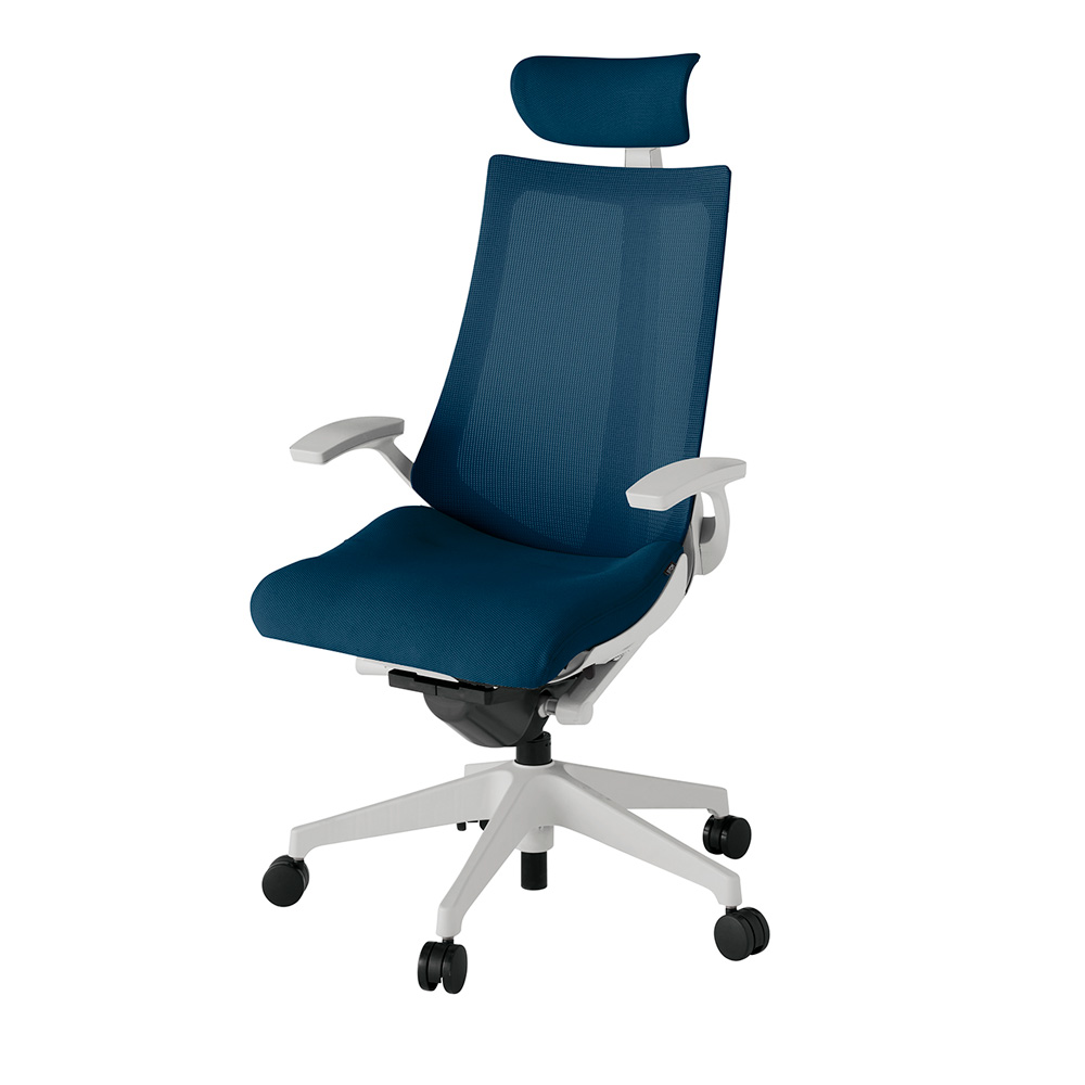 アクト2 KJ-475JVE-GNB2 メッシュバック プレーン 固定肘 ヘッドサポート ( クロス ) ナイロンキャスター[ ベースカラー: GN 張地カラー: B2 / ネイビーブルー  ]