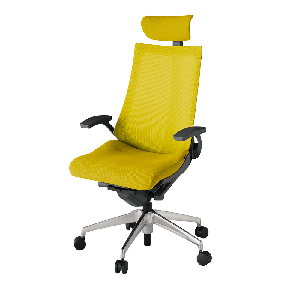 アクト2 KJ-475JVE-ZDU5 メッシュバック プレーン 固定肘 ヘッドサポート ( クロス ) ナイロンキャスター[ ベースカラー: ZD 張地カラー: U5 / ストロングイエロー  ]