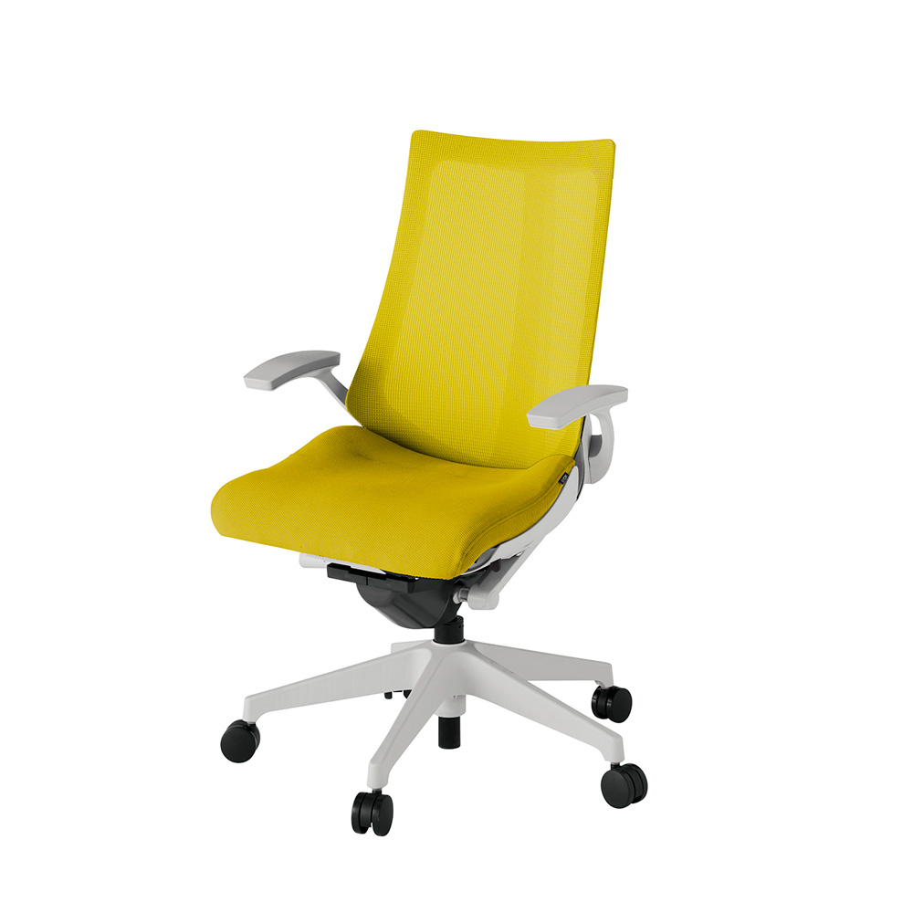 アクト2 KJ-475JV-GNU5 メッシュバック プレーン 固定肘 ナイロンキャスター[ ベースカラー: GN 張地カラー: U5 / ストロングイエロー  ]