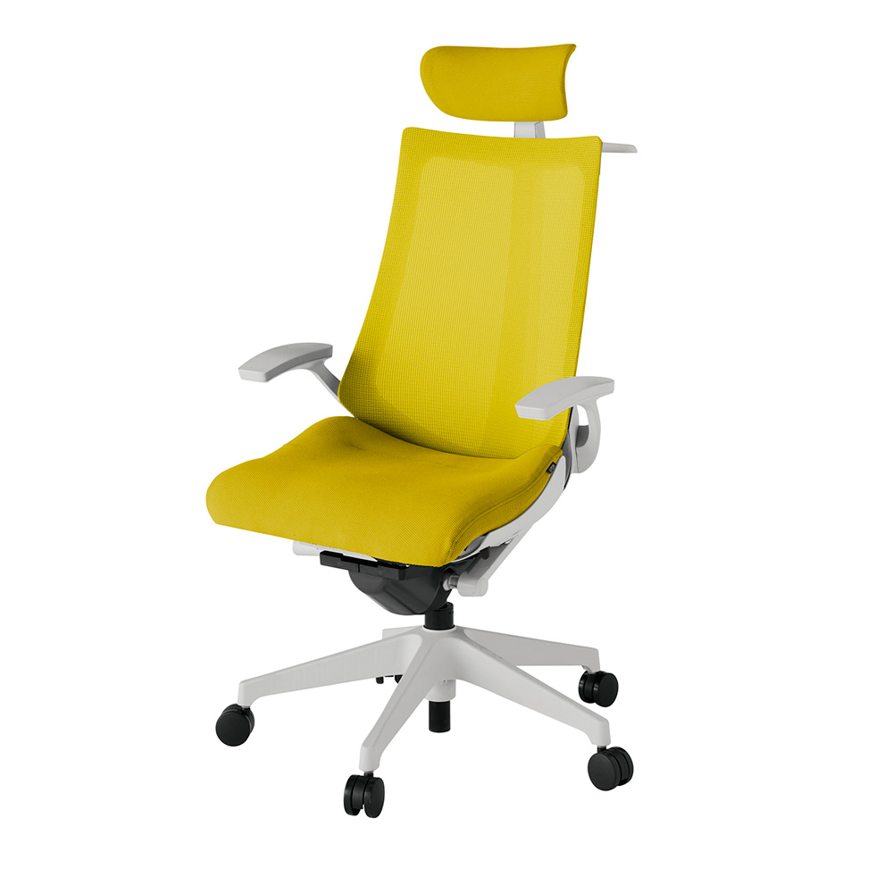 アクト2 KJ-475JVX-GNU5 メッシュバック プレーン 固定肘 ヘッドサポート ( クロス ) ハンガー ナイロンキャスター[ ベースカラー: GN 張地カラー: U5 / ストロングイエロー  ]