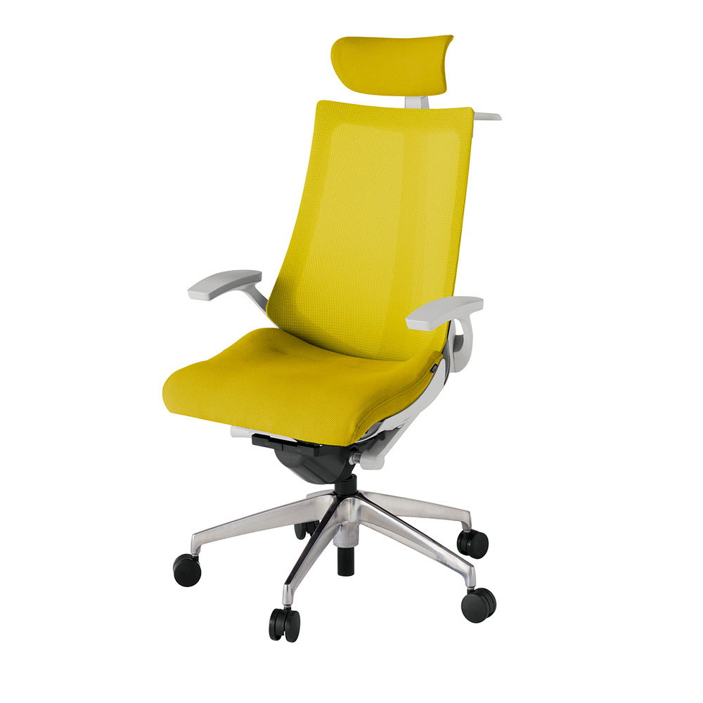 アクト2 KJ-475JVX-ZNU5 メッシュバック プレーン 固定肘 ヘッドサポート ( クロス ) ハンガー ナイロンキャスター[ ベースカラー: ZN 張地カラー: U5 / ストロングイエロー  ]