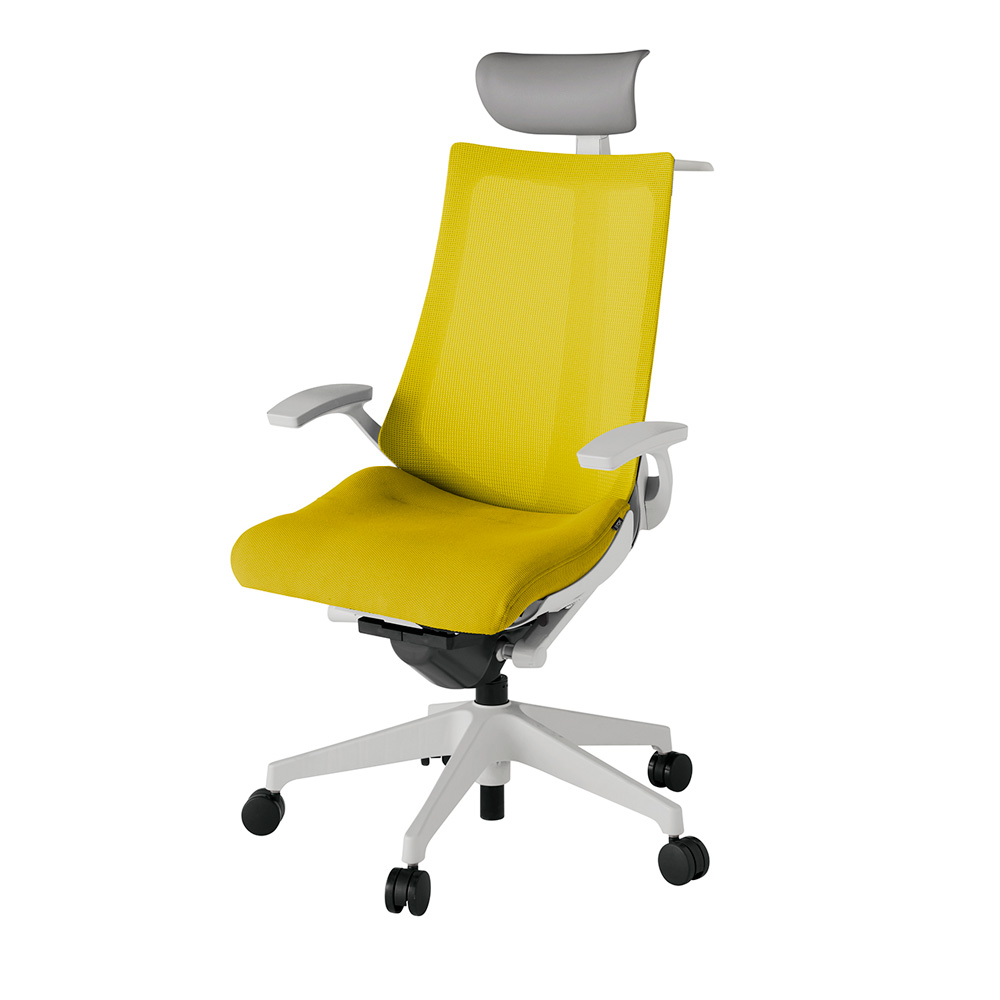 アクト2 KJ-475JVY-GNU5 メッシュバック プレーン 固定肘 ヘッドサポート ( ビニール ) ハンガー ナイロンキャスター[ ベースカラー: GN 張地カラー: U5 / ストロングイエロー  ]