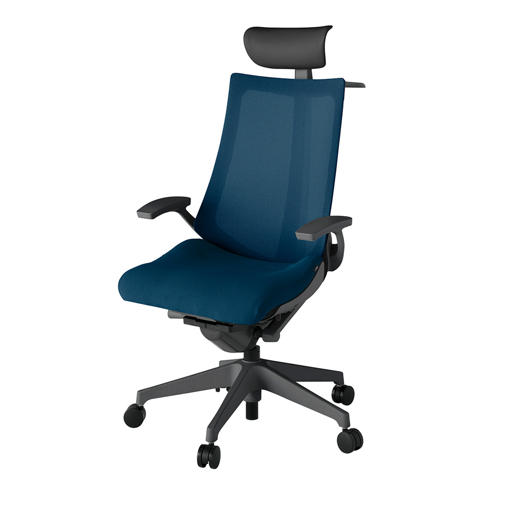 アクト2 KJ-475JVY-W2B2 メッシュバック プレーン 固定肘 ヘッドサポート ( ビニール ) ハンガー ナイロンキャスター[ ベースカラー: W2 張地カラー: B2 / ネイビーブルー  ]