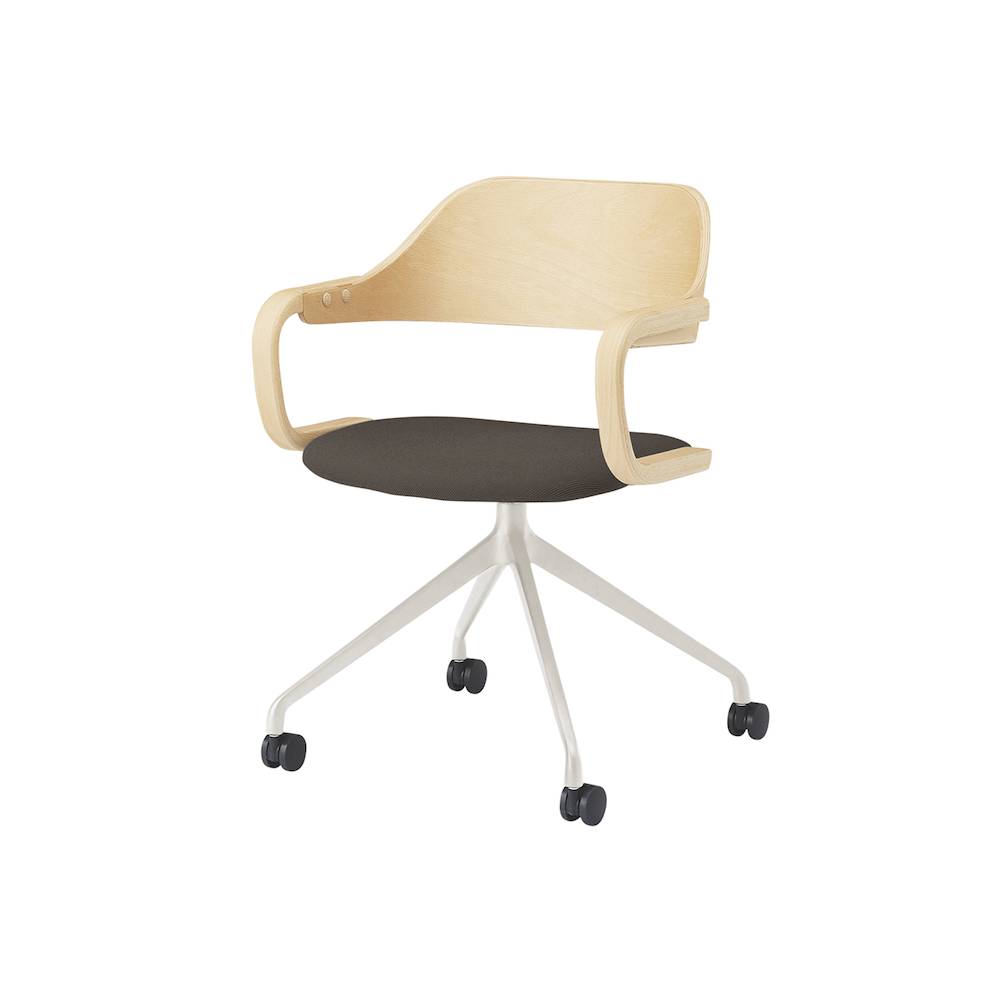 ユルクチェア　アーム付タイプ キャスター回転脚　KLD-835C1H9NH4　脚：H9/エクリュベージュ 背・アーム：N/ナチュラルウッド 張地C：H4/カシューブラウン