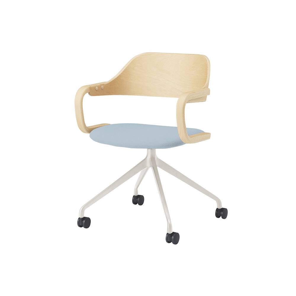 ユルクチェア　アーム付タイプ キャスター回転脚　KLD-835C1H9NS5　脚：H9/エクリュベージュ 背・アーム：N/ナチュラルウッド 張地C：S5/ミストブルー