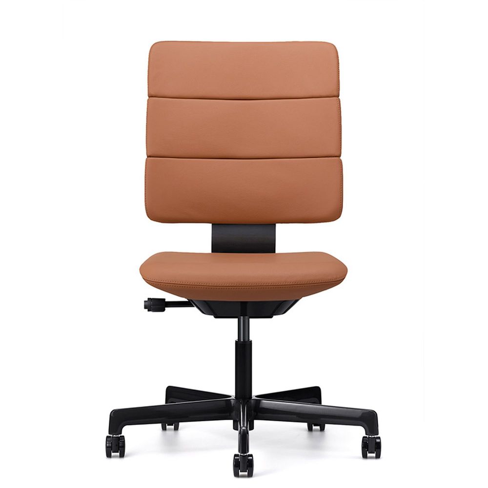 SHIGA シガ  背トリプル 肘ナシ 昇降脚 本革張り ナイロン双輪キャスター  [座背：キャメル/ベースカラー：グロスブラック]