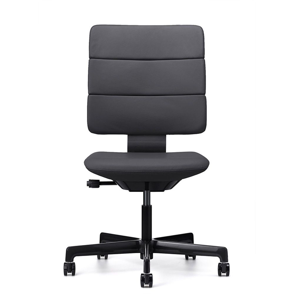 SHIGA シガ  背トリプル 肘ナシ 昇降脚 本革張り ナイロン双輪キャスター  [座背：ブラック/ベースカラー：グロスブラック]