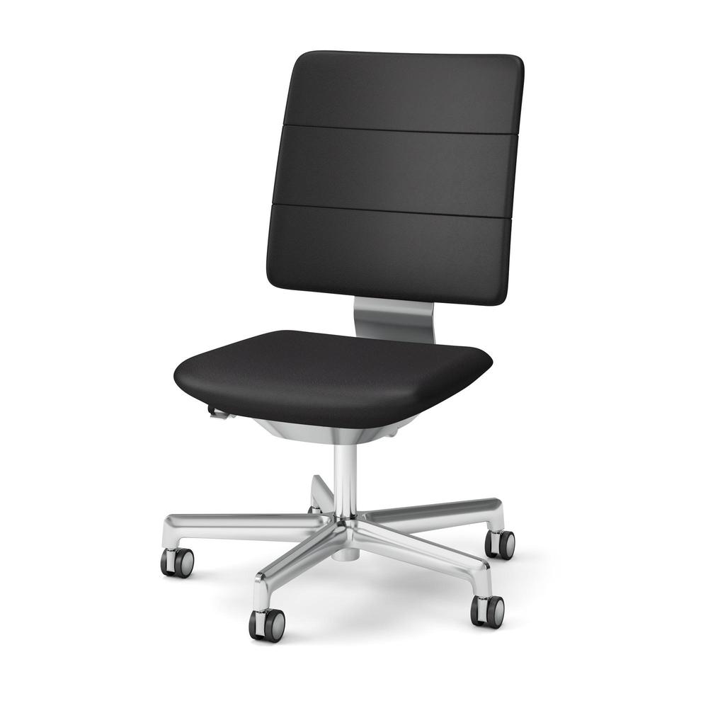 SHIGA シガ  背トリプル 肘なし 昇降脚 本革張り ナイロン双輪キャスター  [座背：ブラック / フレームカラー：アルミミラー]