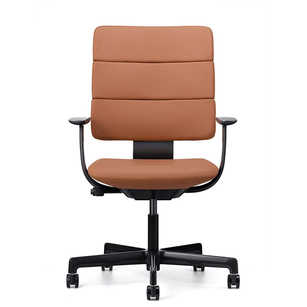 SHIGA シガ  背トリプル 固定肘 昇降脚 本革張り ナイロン双輪キャスター  [座背：キャメル/ベースカラー：グロスブラック]