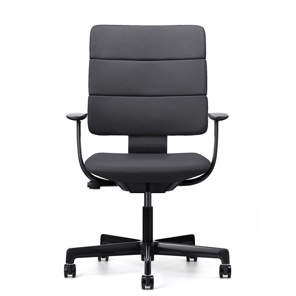 SHIGA シガ  背トリプル 固定肘 昇降脚 本革張り ナイロン双輪キャスター  [座背：ブラック/ベースカラー：グロスブラック]