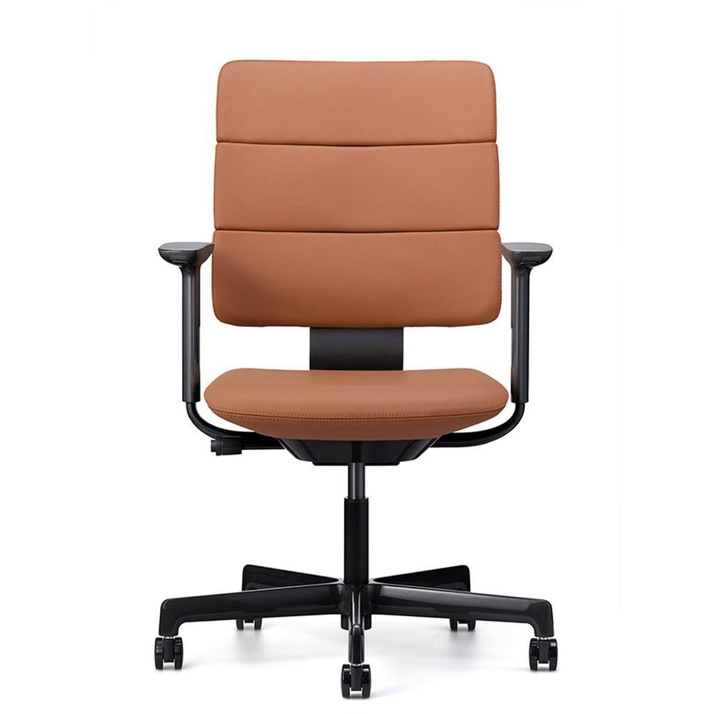 SHIGA シガ  背トリプル 可動肘 昇降脚 本革張り ナイロン双輪キャスター  [座背：キャメル/ベースカラー：グロスブラック]