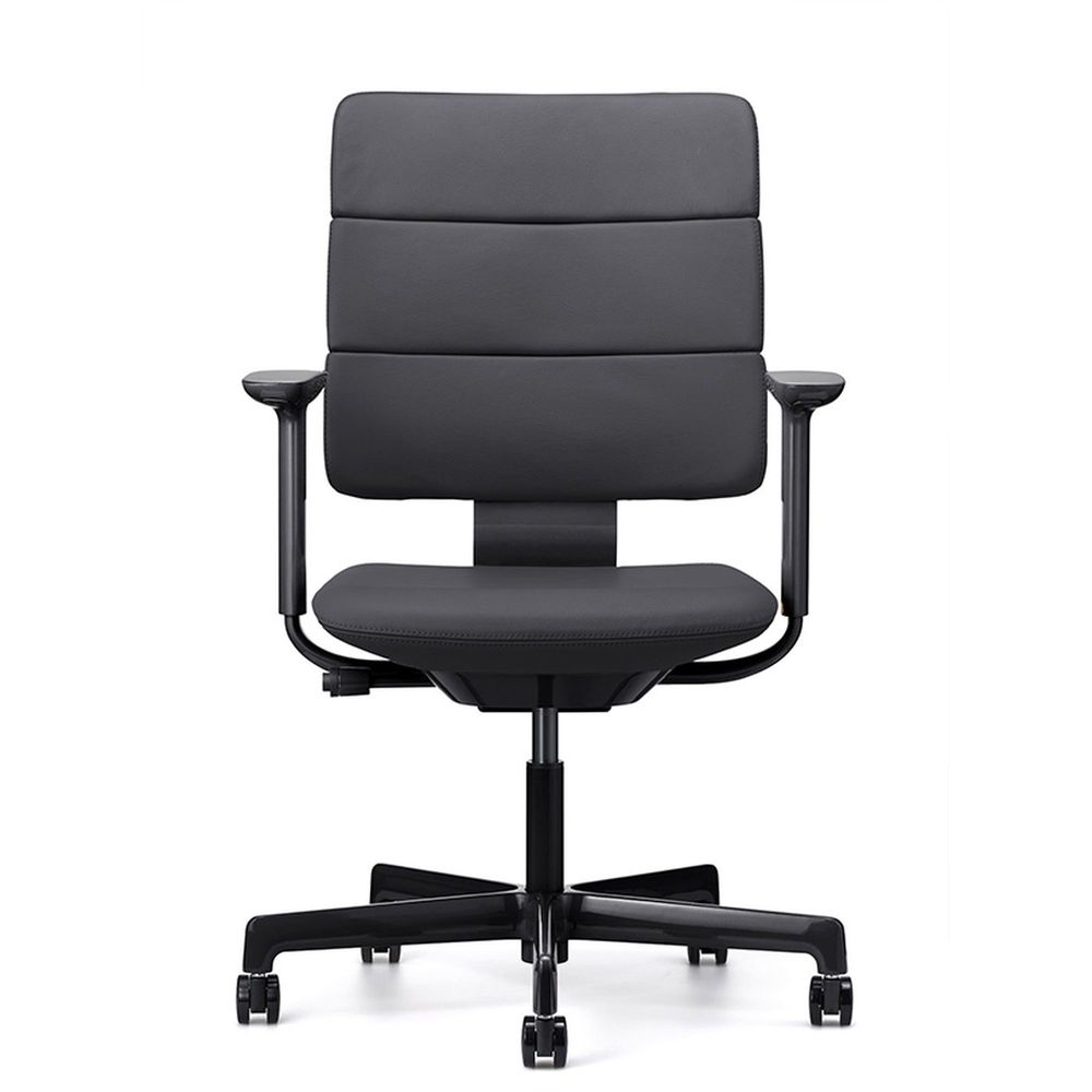 SHIGA シガ  背トリプル 可動肘 昇降脚 本革張り ナイロン双輪キャスター  [座背：ブラック/ベースカラー：グロスブラック]