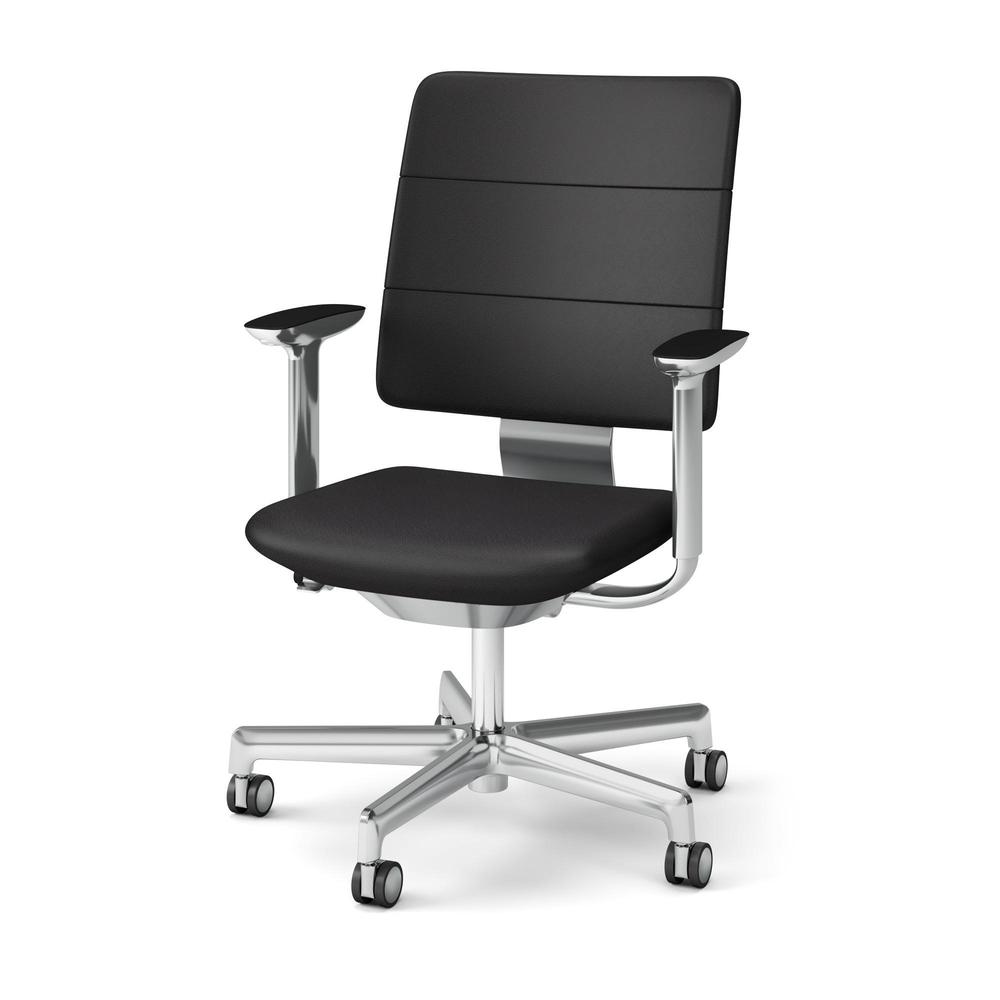 SHIGA シガ  背トリプル 可動肘 昇降脚 本革張り 抵抗付ウレタン双輪キャスター  [座背：ブラック / フレームカラー：アルミミラー]