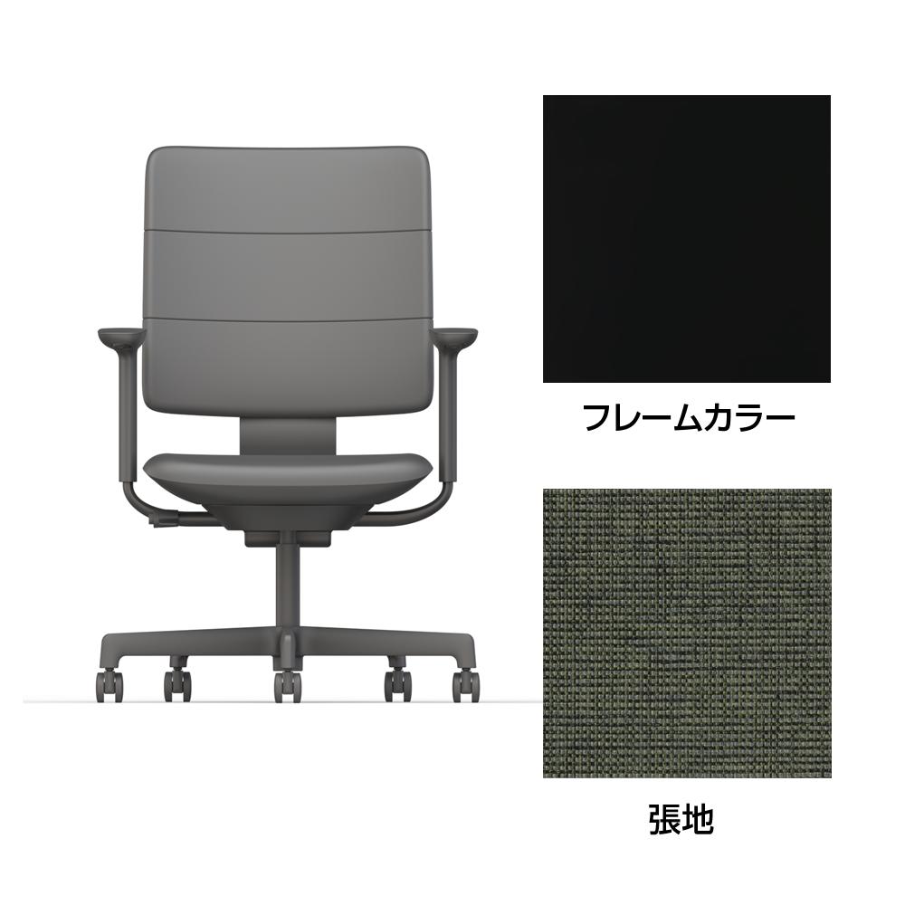 SHIGA シガ  背トリプル 可動肘 昇降脚 布地張り ナイロン双輪キャスター  [座背：アイビーグリーン / フレームカラー：ブラック]