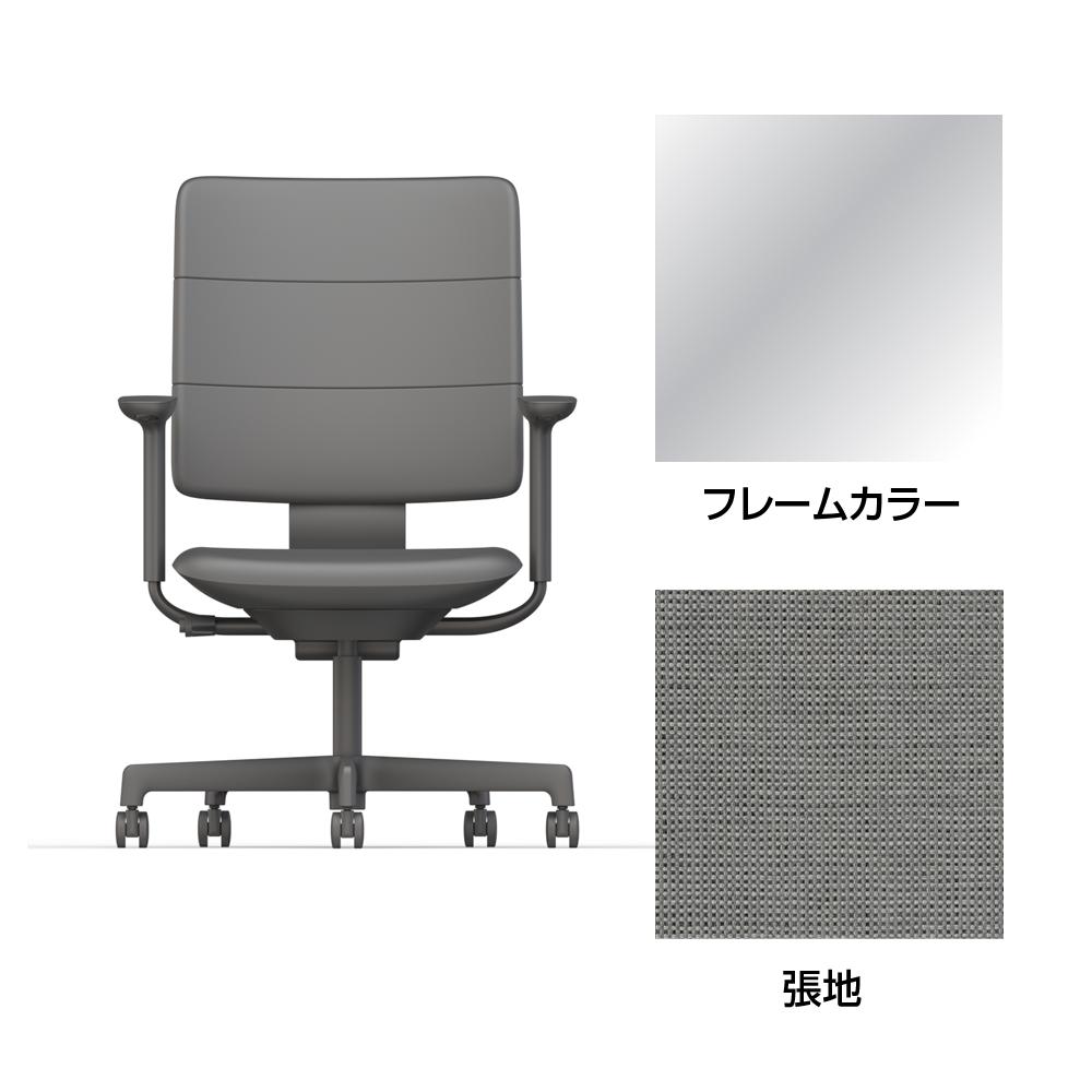 SHIGA シガ  背トリプル 可動肘 昇降脚 布地張り ナイロン双輪キャスター  [座背：グレーC/ベースカラー：アルミミラー]