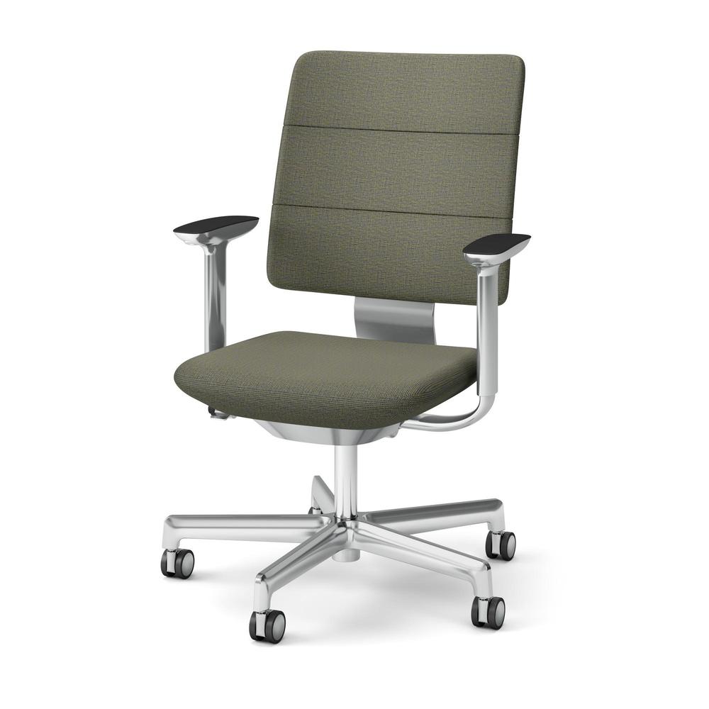 SHIGA シガ  背トリプル 可動肘 昇降脚 布地張り ナイロン双輪キャスター  [座背：アイビーグリーン/ベースカラー：アルミミラー]