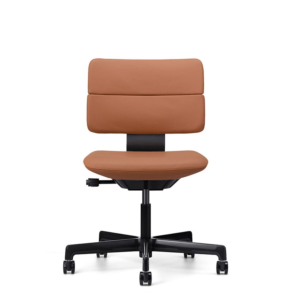 SHIGA シガ  背ダブル 肘ナシ 昇降脚 本革張り ナイロン双輪キャスター  [座背：キャメル/ベースカラー：グロスブラック]
