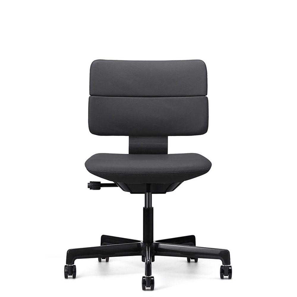 SHIGA シガ  背ダブル 肘ナシ 昇降脚 本革張り ナイロン双輪キャスター  [座背：ブラック/ベースカラー：グロスブラック]