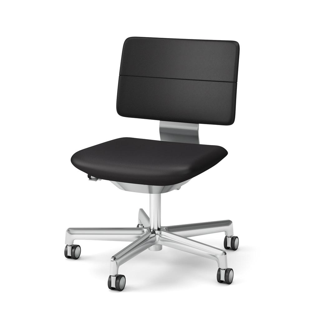 SHIGA シガ  背ダブル 肘なし 昇降脚 本革張り 抵抗付ウレタン双輪キャスター  [座背：ブラック / フレームカラー：アルミミラー]